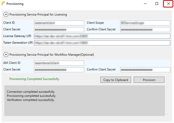Closing the Provisioning dialog.